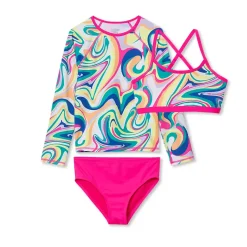 Girls Chlorine Resistant Long Sleeve Rash Guard Bikini 3 Piece Swimsuit Set
