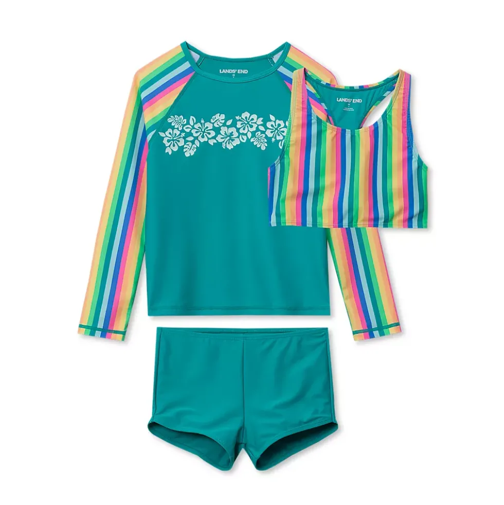 Girls Chlorine Resistant Long Sleeve Rash Guard Boyshort 3 Piece Swimsuit Set