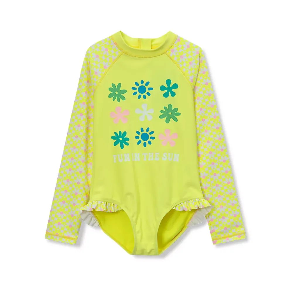 Girls Chlorine Resistant Long Sleeve Ruffle One Piece Swimsuit