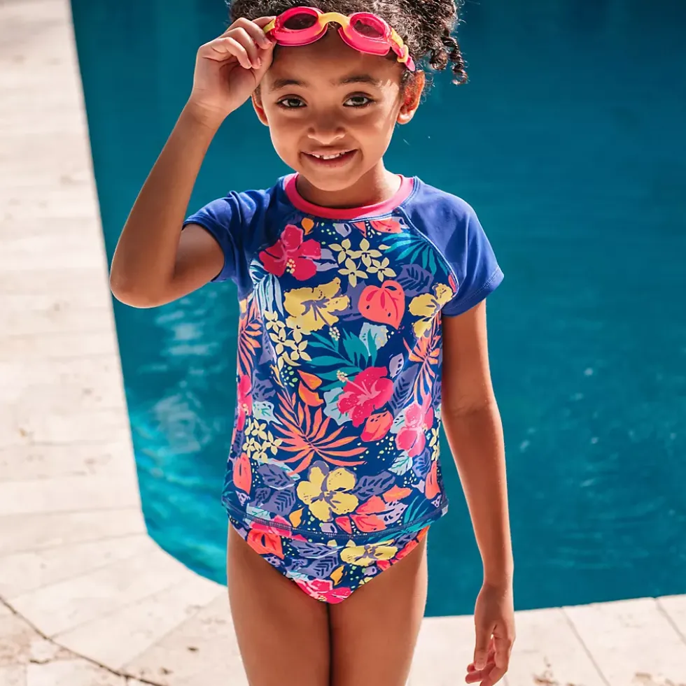 Girls Chlorine Resistant Short Sleeve Crew Neck Swim Rash Guard