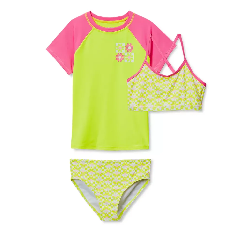 Girls Chlorine Resistant Short Sleeve Rash Guard 3 Piece Swimsuit Set