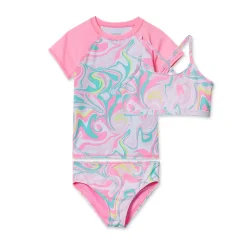 Girls Chlorine Resistant Short Sleeve Rash Guard 3 Piece Swimsuit Set