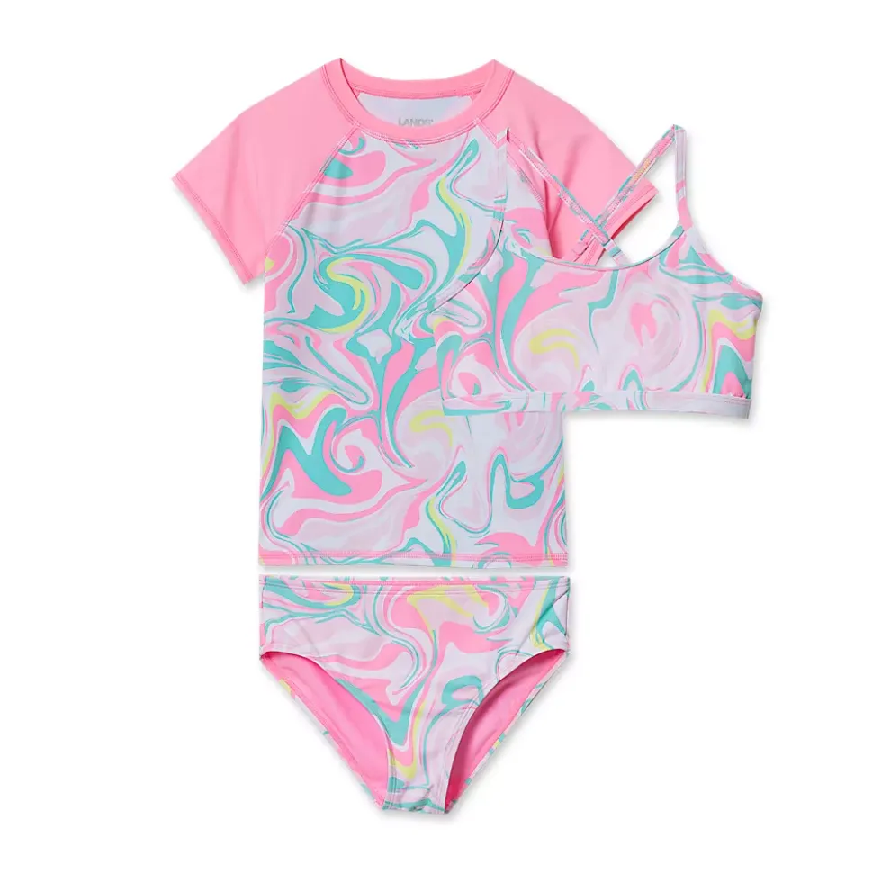 Girls Chlorine Resistant Short Sleeve Rash Guard 3 Piece Swimsuit Set
