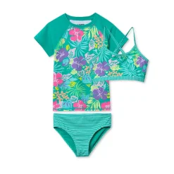 Girls Chlorine Resistant Short Sleeve Rash Guard 3 Piece Swimsuit Set