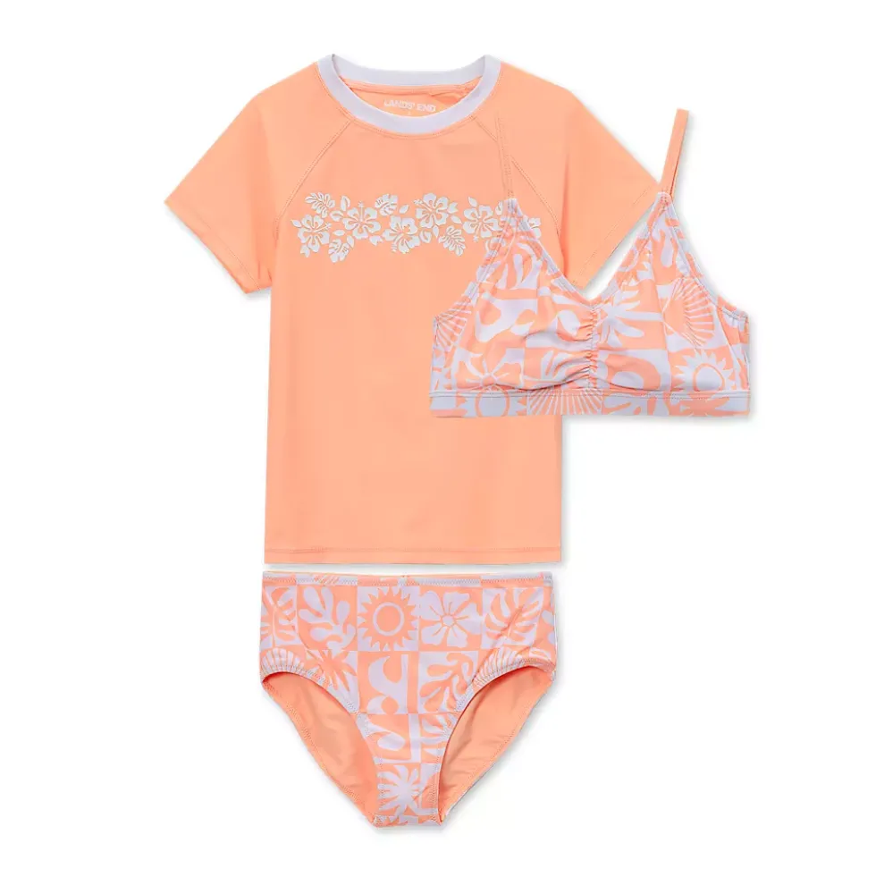 Girls Chlorine Resistant Short Sleeve Rash Guard 3 Piece Swimsuit Set