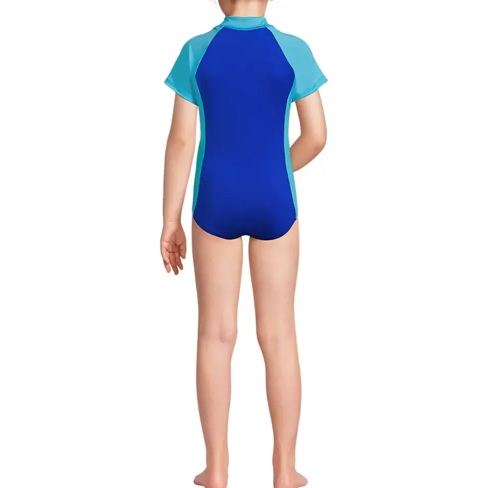Girls Chlorine Resistant Short Sleeve One Piece Half Zip Swimsuit