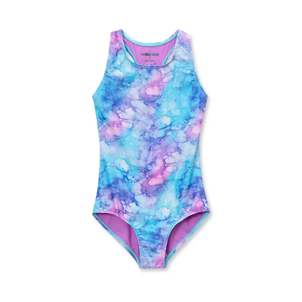 Girls Chlorine Resistant Sporty Hi-Neck Racer Back One Piece Swimsuit