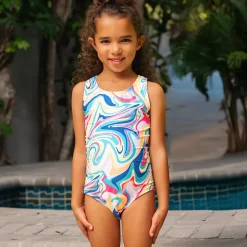 Girls Chlorine Resistant Sporty Hi-Neck Racer Back One Piece Swimsuit