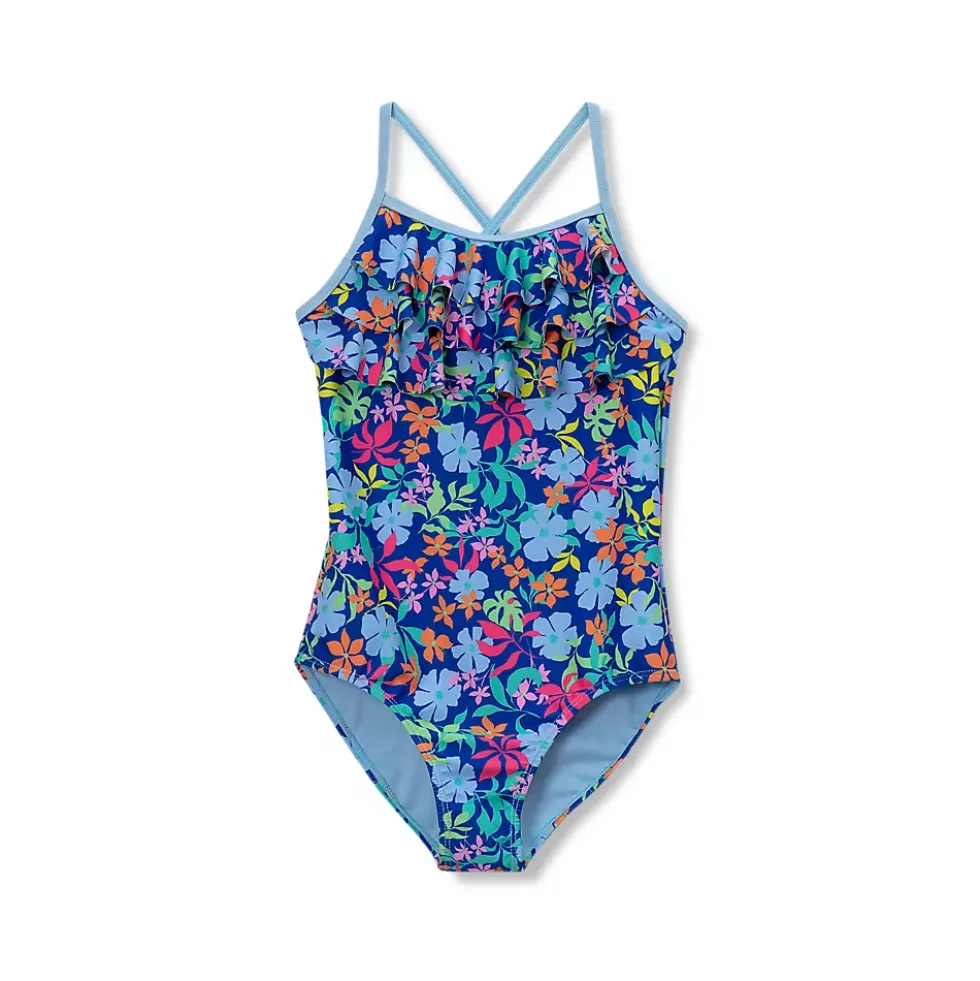Girls Chlorine Resistant X-Back Ruffle One Piece Swimsuit