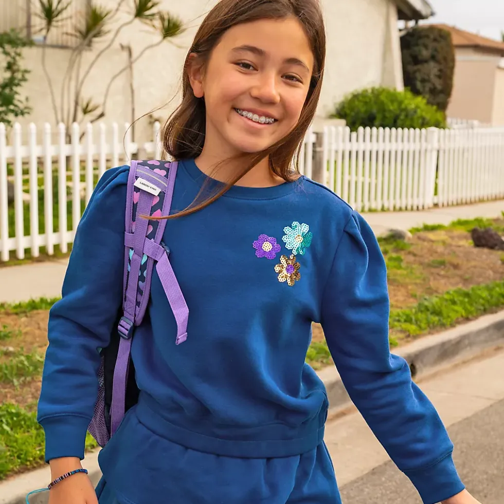 Girls Puff Shoulder Crew Neck Sweatshirt