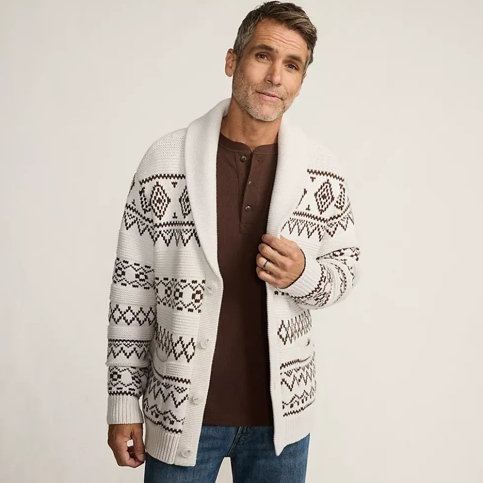 Men's Long Sleeve Cotton Blend Shawl Fairisle Cardigan