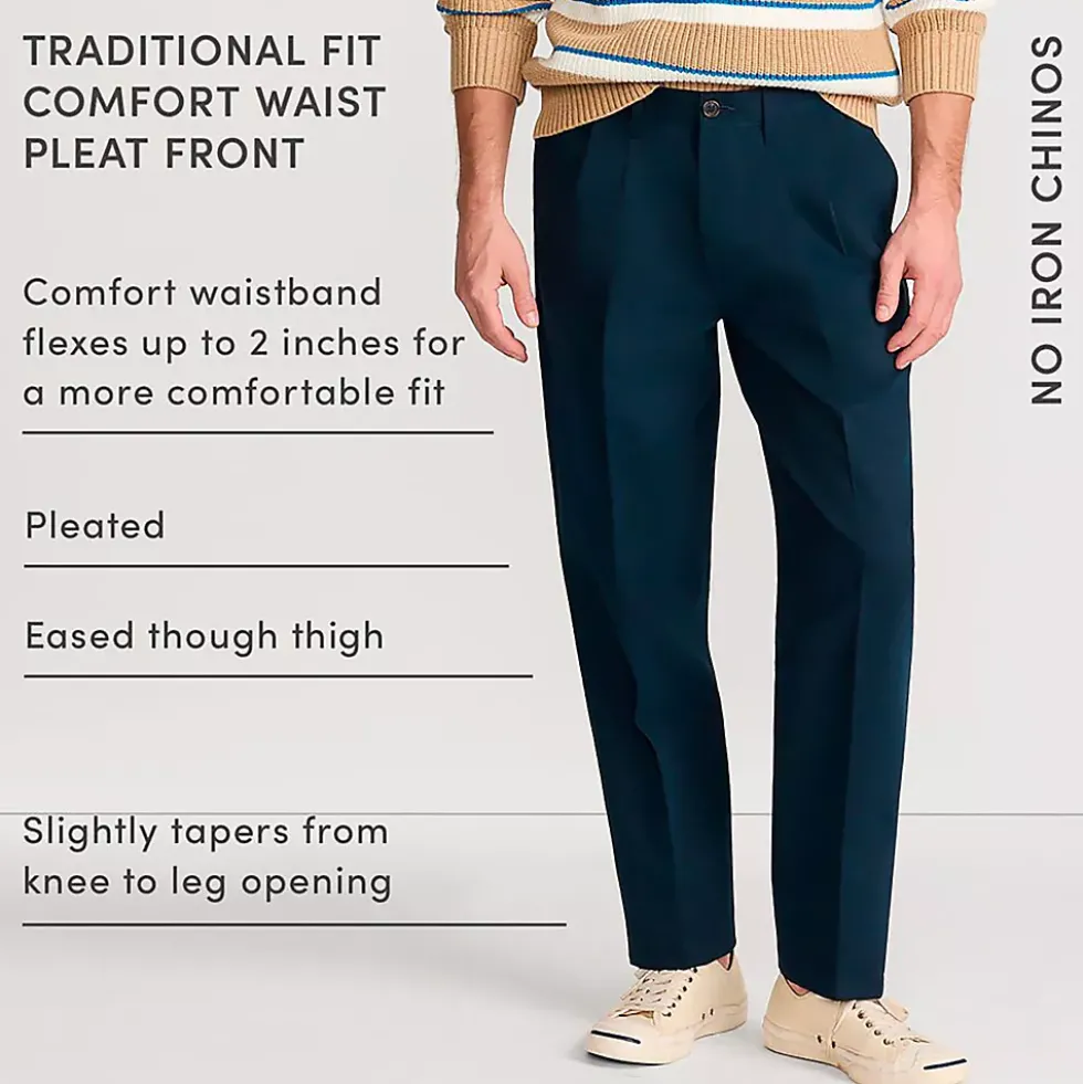 Men's No Iron Comfort Waist Traditional Fit Pleated Front Chino Pant