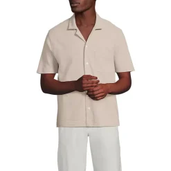 Men's Short Sleeve Cotton Linen Button Through Camp Collar Shirt