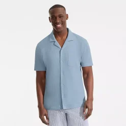 Men's Short Sleeve Cotton Linen Button Through Camp Collar Shirt
