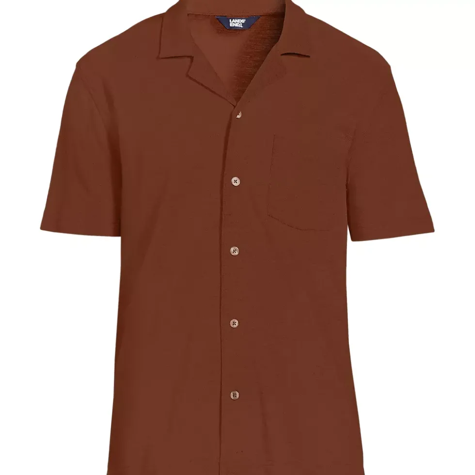 Men's Short Sleeve Cotton Linen Button Through Camp Collar Shirt