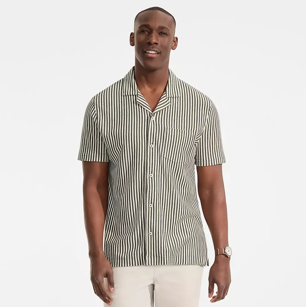 Men's Short Sleeve Cotton Linen Vertical Stripe Button Through Camp Collar Shirt