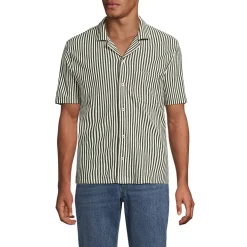 Men's Short Sleeve Cotton Linen Vertical Stripe Button Through Camp Collar Shirt