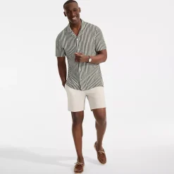 Men's Short Sleeve Cotton Linen Vertical Stripe Button Through Camp Collar Shirt