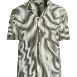 Men's Short Sleeve Cotton Linen Vertical Stripe Button Through Camp Collar Shirt