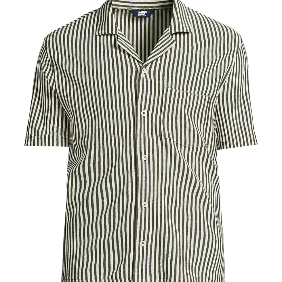 Men's Short Sleeve Cotton Linen Vertical Stripe Button Through Camp Collar Shirt