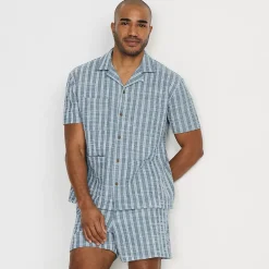Men's Short Sleeve Textured Jacquard Camp Collar Shirt - Set Top