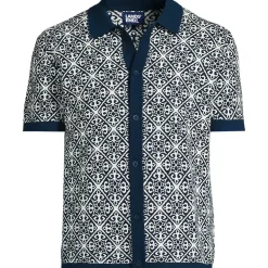 Men's Short Sleeve Tile Jacquard Button Down Sweater Polo