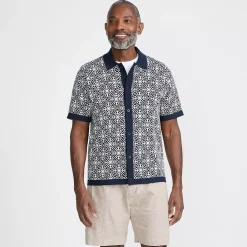 Men's Short Sleeve Tile Jacquard Button Down Sweater Polo