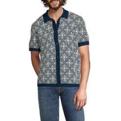 Men's Short Sleeve Tile Jacquard Button Down Sweater Polo
