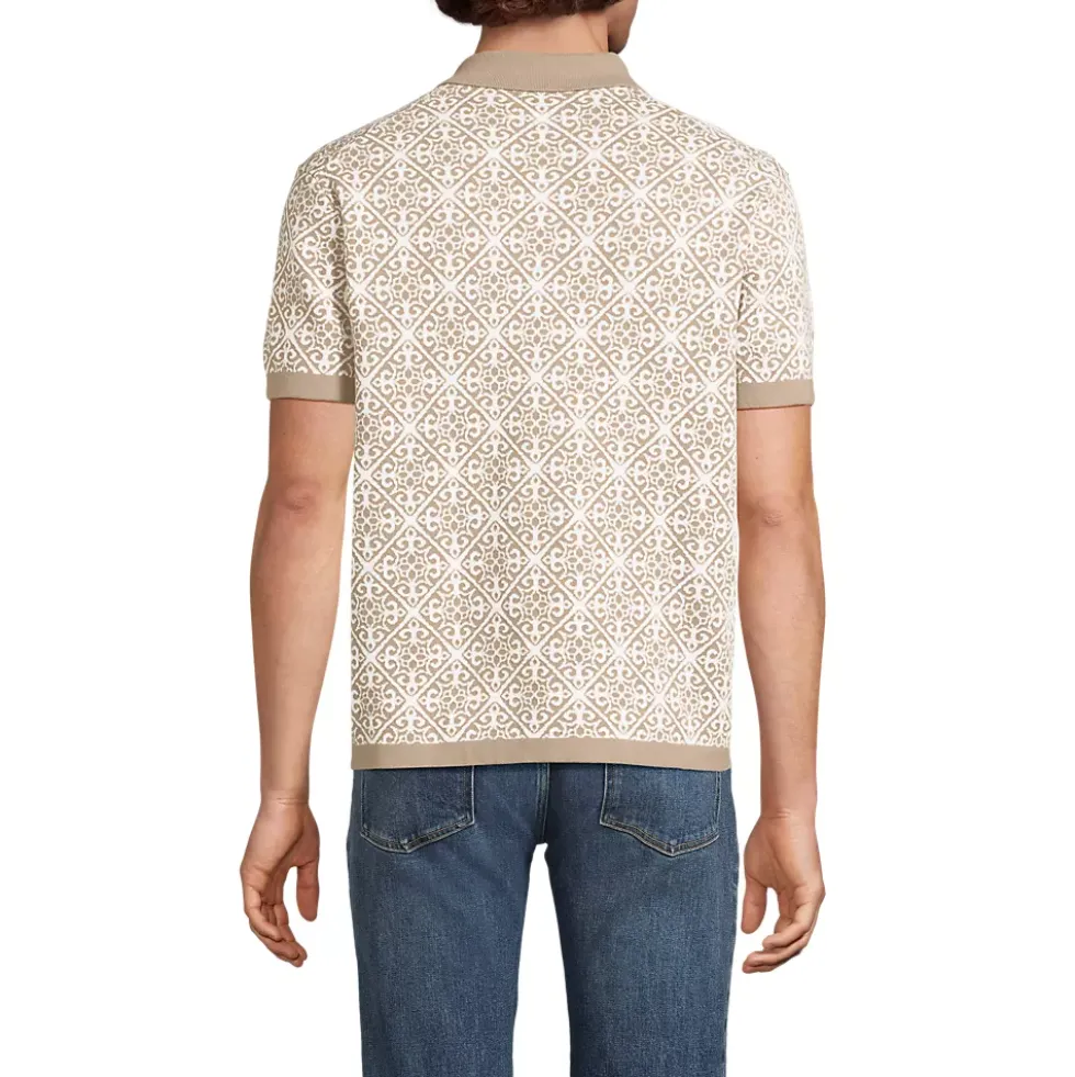 Men's Short Sleeve Tile Jacquard Button Down Sweater Polo
