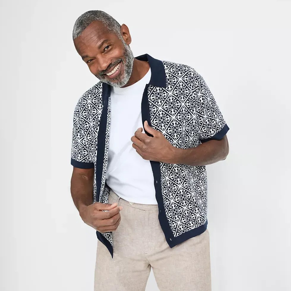 Men's Short Sleeve Tile Jacquard Button Down Sweater Polo