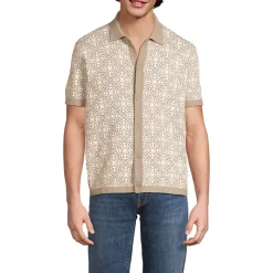 Men's Short Sleeve Tile Jacquard Button Down Sweater Polo