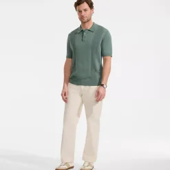 Men's Short Sleeve Vertical Rib Button Down Sweater Polo