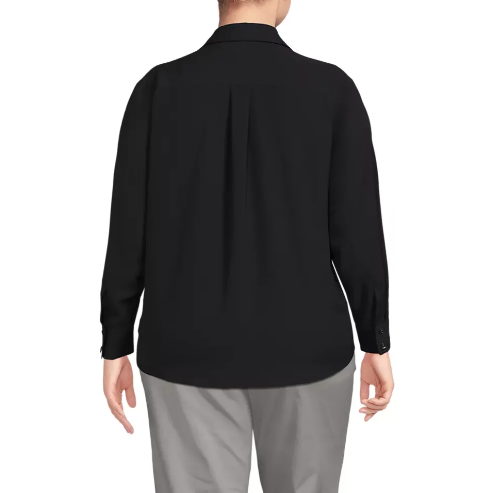 School Uniform Women's Long Sleeve Polo Collar Popover Crepe Blouse
