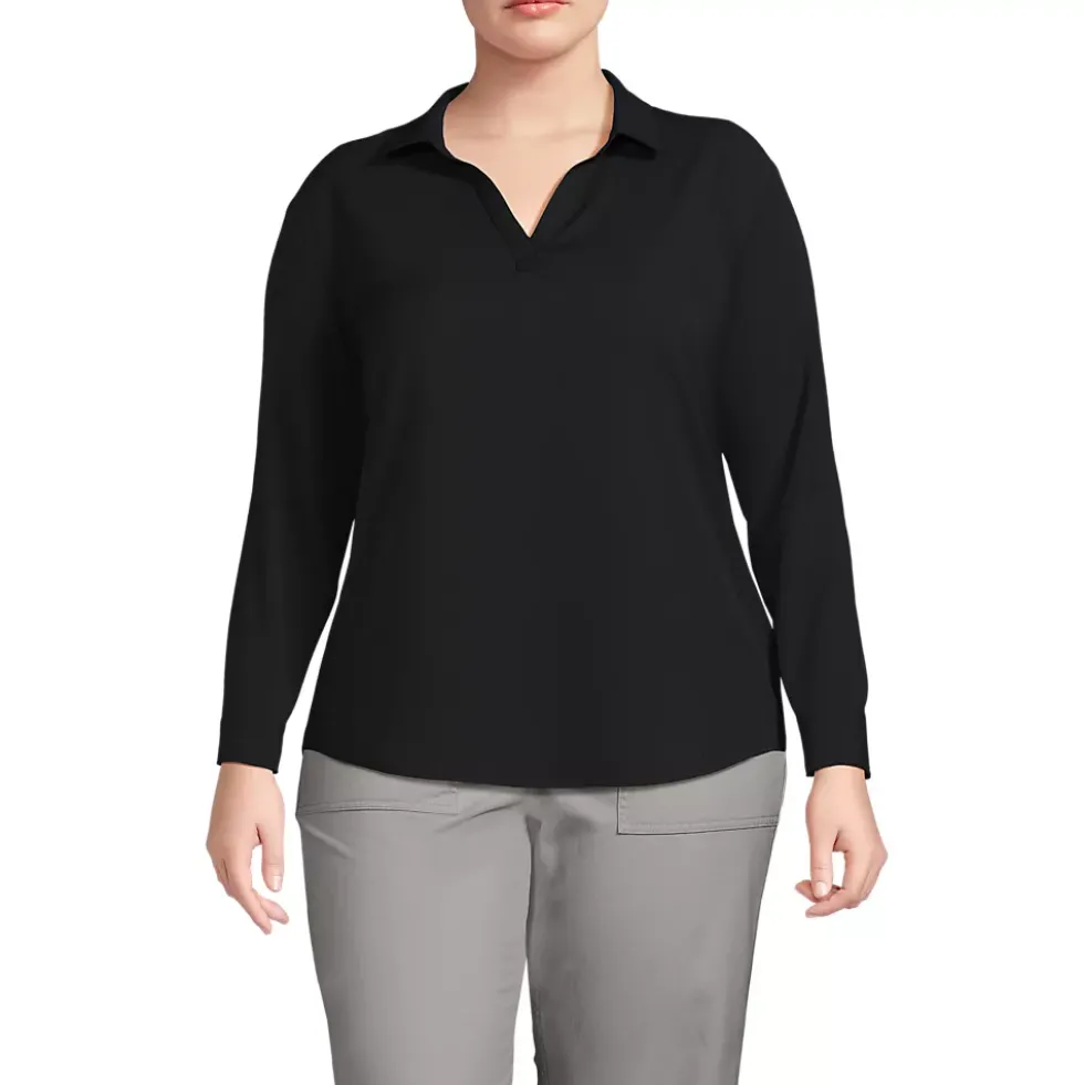 School Uniform Women's Long Sleeve Polo Collar Popover Crepe Blouse
