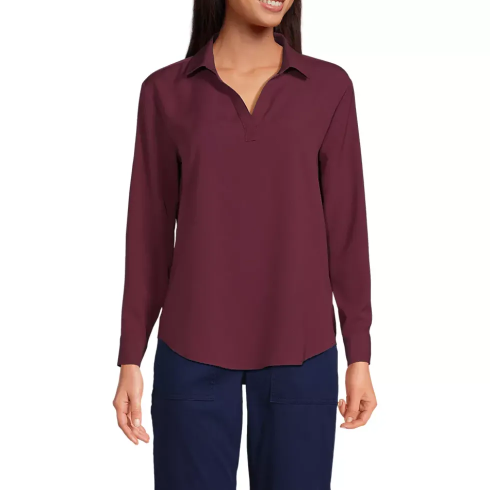 School Uniform Women's Long Sleeve Polo Collar Popover Crepe Blouse