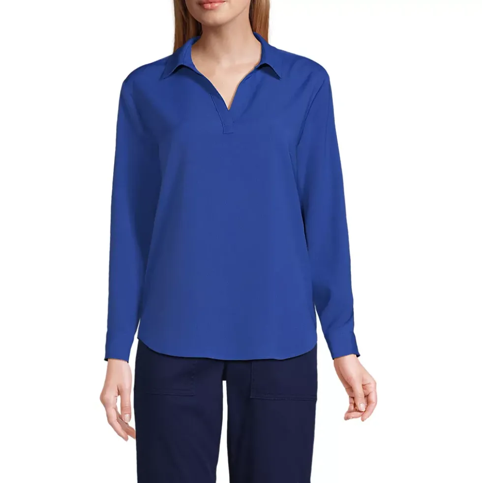 School Uniform Women's Long Sleeve Polo Collar Popover Crepe Blouse