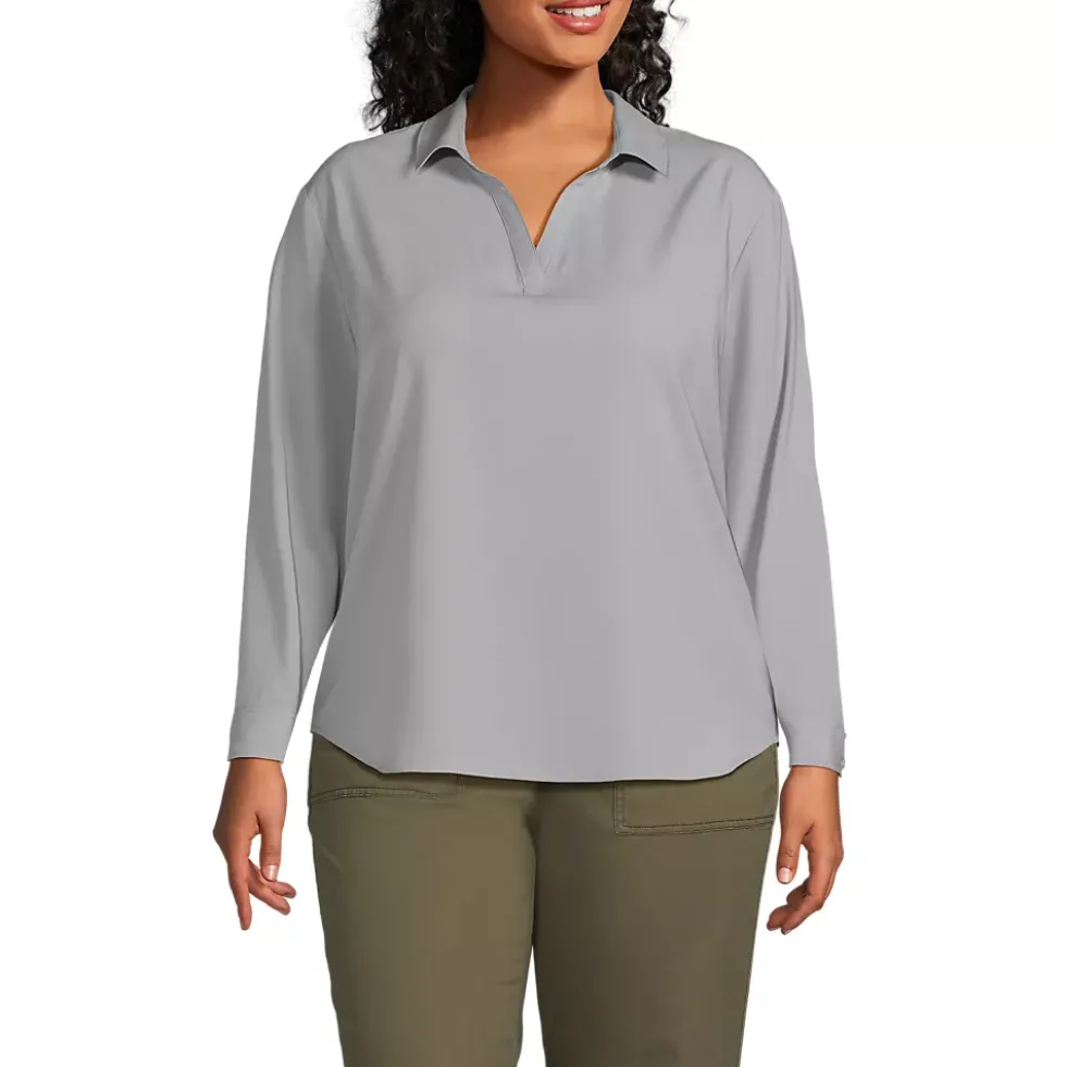School Uniform Women's Long Sleeve Polo Collar Popover Crepe Blouse