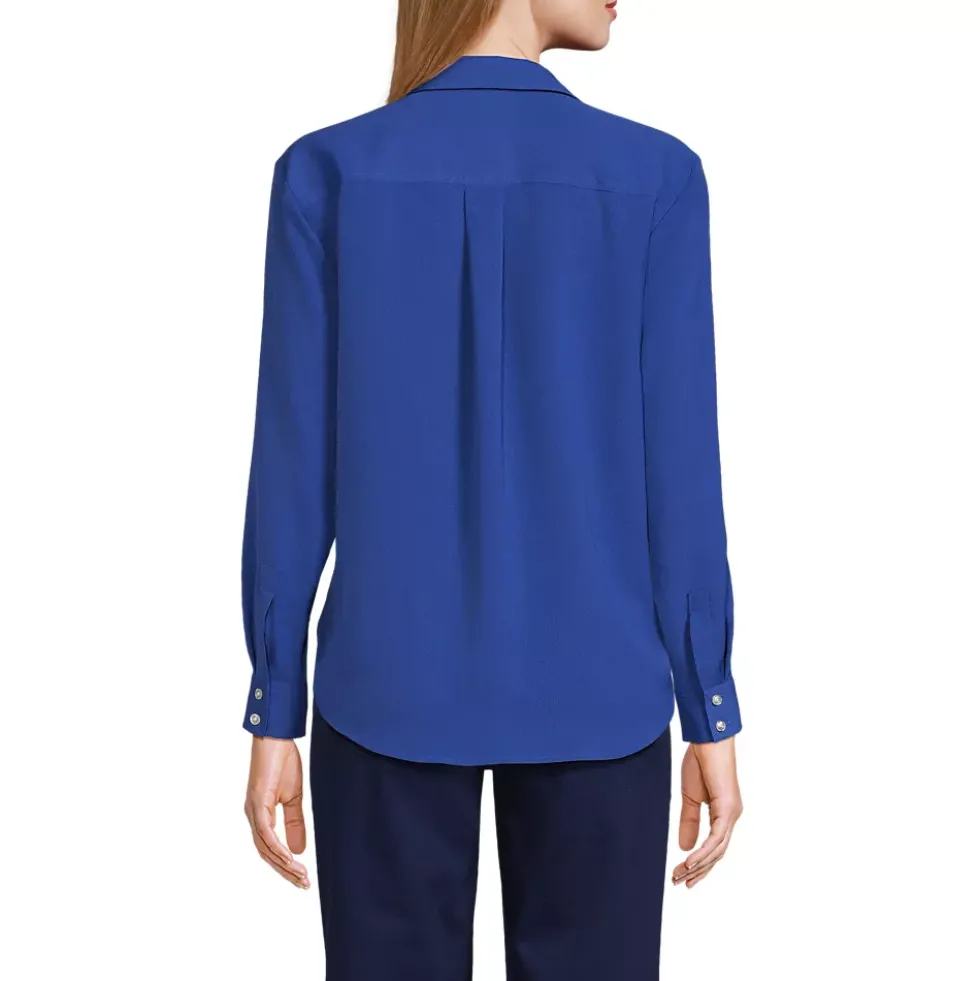 School Uniform Women's Long Sleeve Polo Collar Popover Crepe Blouse