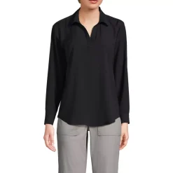 School Uniform Women's Long Sleeve Polo Collar Popover Crepe Blouse