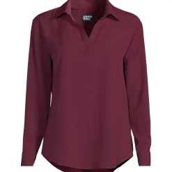 School Uniform Women's Long Sleeve Polo Collar Popover Crepe Blouse