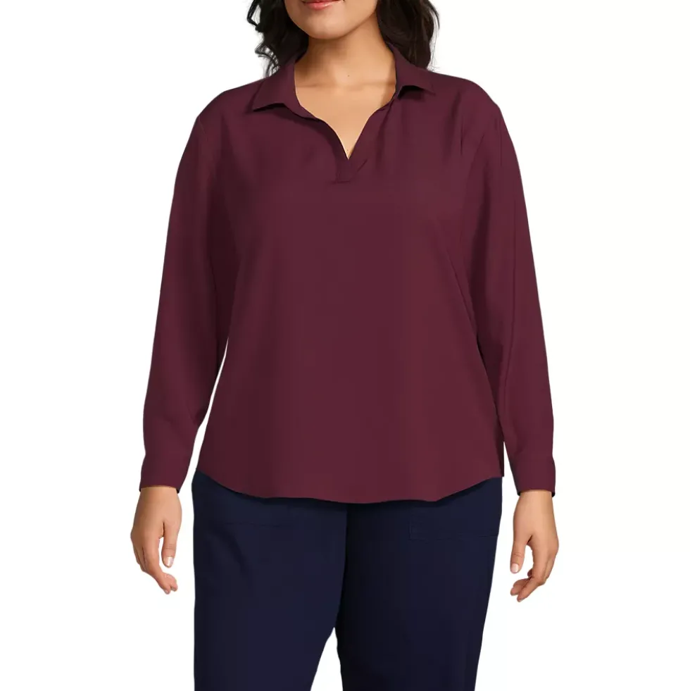 School Uniform Women's Long Sleeve Polo Collar Popover Crepe Blouse