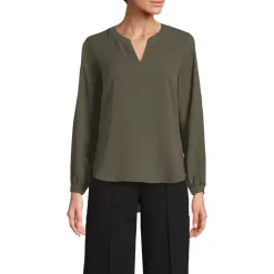 School Uniform Women's Shirred Long Sleeve Split Neck Blouse