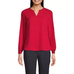 School Uniform Women's Shirred Long Sleeve Split Neck Blouse