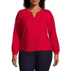 School Uniform Women's Shirred Long Sleeve Split Neck Blouse