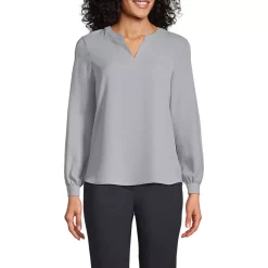 School Uniform Women's Shirred Long Sleeve Split Neck Blouse