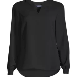 School Uniform Women's Shirred Long Sleeve Split Neck Blouse
