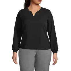 School Uniform Women's Shirred Long Sleeve Split Neck Blouse