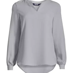 School Uniform Women's Shirred Long Sleeve Split Neck Blouse