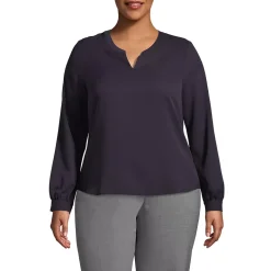 School Uniform Women's Shirred Long Sleeve Split Neck Blouse