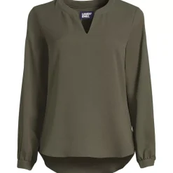 School Uniform Women's Shirred Long Sleeve Split Neck Blouse